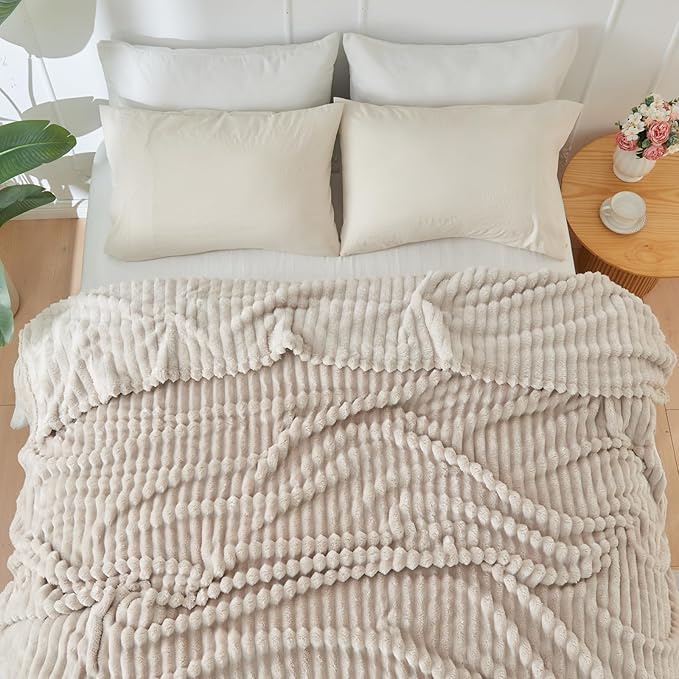 NEWCOSPLAY Super Soft Throw Blanket Linen Premium Silky Flannel Fleece 3D Ribbed Jacquard Lightweight Bed Blanket All Season Use (Linen Ribbed, Throw(50"x60"))