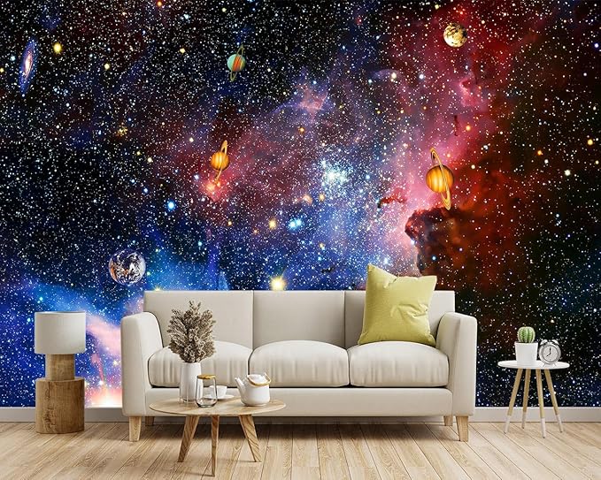 -Galaxy Universe Planet Ceiling Fabric Wallpaper Boys Girls Nursery Starry Sky Children Bedroom Bathroom Large Mural- 183"x120"（ not Peel and Stick）