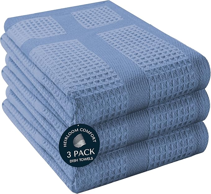 3 Pack Blue Waffle Weave Kitchen Towels, 16"x26", 100% Cotton, Super Absorbent, Fast Dry, Durable Dishcloth Set for Cleaning, Drying Dishes, Hand Towels, Machine Washable, Sky Blue