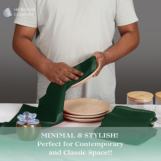 12 Pack Waffle Weave Kitchen Towels, 16x26 Inch, 100% Cotton, Absorbent Dishcloth Set, Quick Dry, Soft for Cleaning, Wiping, Hand Towels, Dish Rags, Wash Cloth, Durable, Forest Green