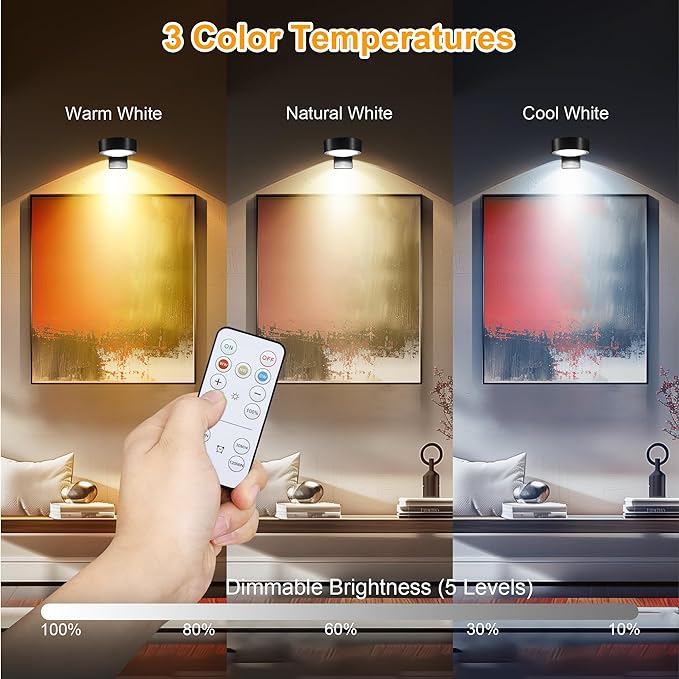 3-Pack Picture Lights for Wall, Rechargeable Battery Operated LED Painting Light with Remote Control Dimmable & Timer, 3 CCT Magnetic Art Display Lighting, Wireless Wall Decor Puck Light, Black