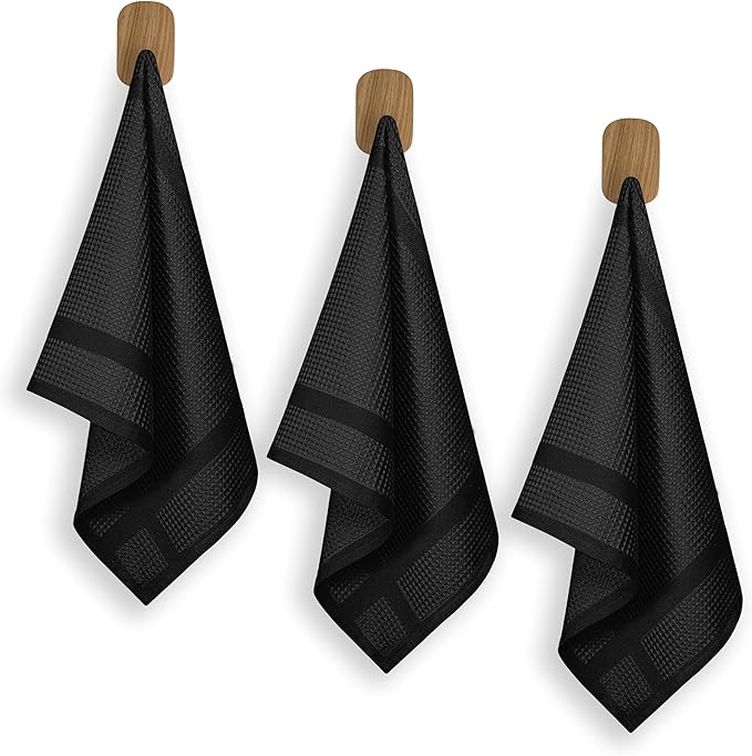 3 Pack Black Waffle Weave Kitchen Towels, 16x26 Inch, 100% Cotton Dishcloth Set, Super Absorbent, Fast Dry, Teal Towels, Soft Hand Towel, Dish Rags, Wash Cloth, Cleaning, Durable