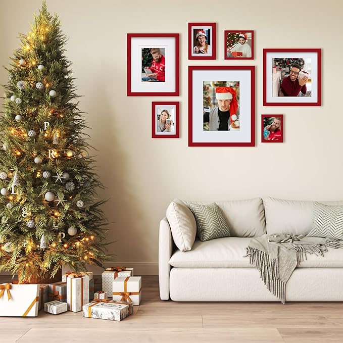 Egofine 12x16 Picture Frames with Plexiglass, Display Pictures 9x12/11x14 with Mat or 12x16 Without Mat Set of 4 for Wall Mounting,Cherry Red