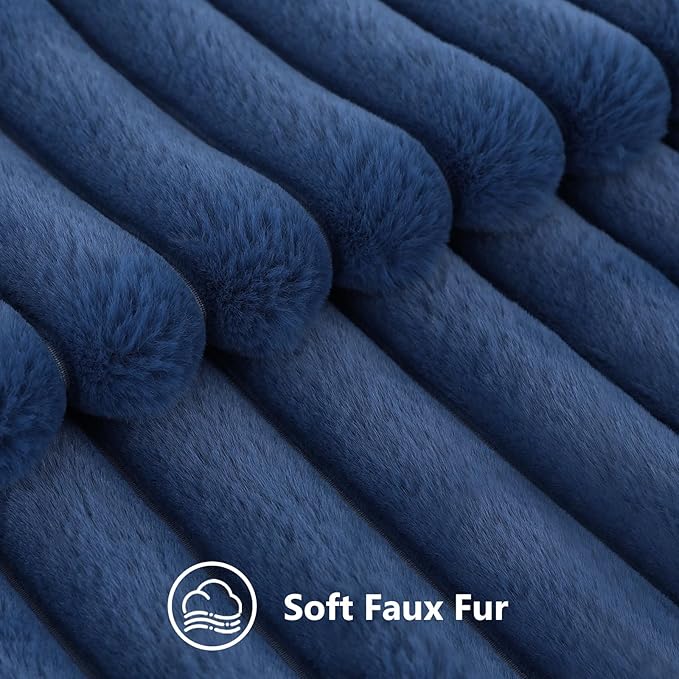 decorUhome Faux Fur Throw Pillow Covers 16x16 Set of 2, Decorative Soft Plush Striped Neutral Couch Euro Pillow Covers with Velvet Back for Sofa, Bed, Living Room Home Decor, Blue