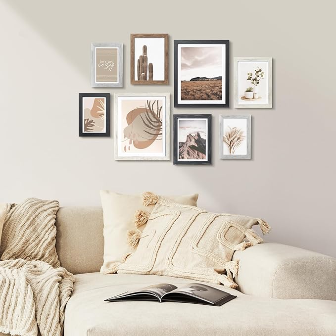 ArtbyHannah Gallery Wall Frame Set,Vintage Multi-color Picture Frames Collage Wall Decor with Neutural Art for Living Room Stariway,8 Pack Assorted Size 8"x10",5"x7",4"x6", Small