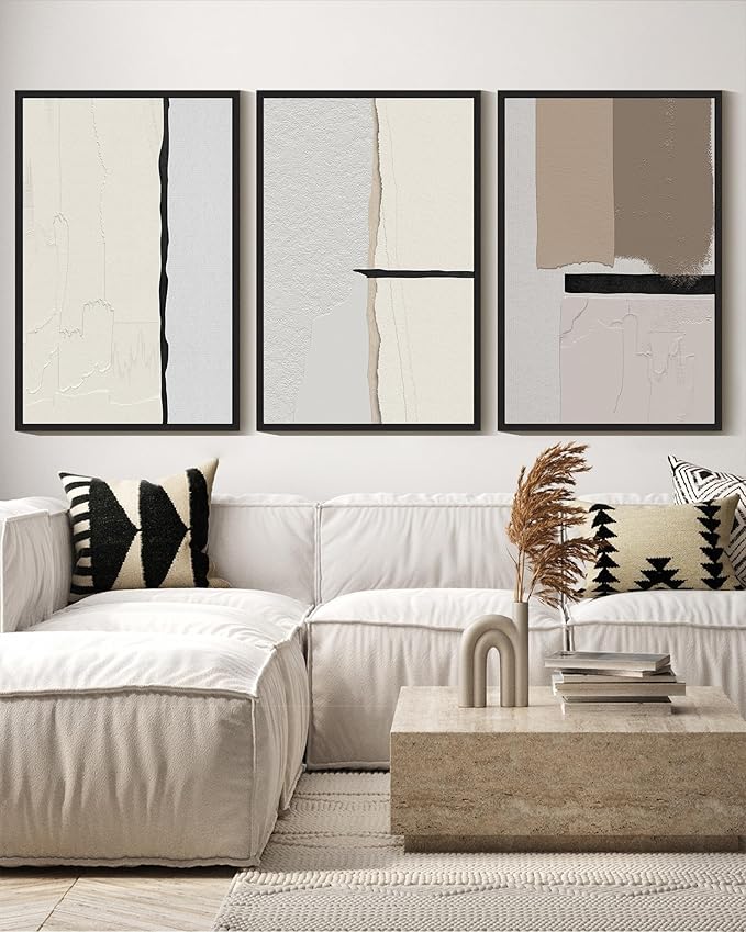 KUVIOKE Neutral Abstract Framed Wall Art Beige Mid Century Textured Wall Decor Minimalist Modern Illustrations Art Print Home Decor 16x24in (Black Framed)