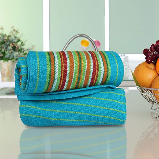 Urban Villa Kitchen Towels Waffle Stripes Dish Towels for Kitchen Azure Color Set of 6 Kitchen Towels Highly Absorbent Cotton Over Sized 20X30 in with Mitered Corners Kitchen Hand Tea Towels