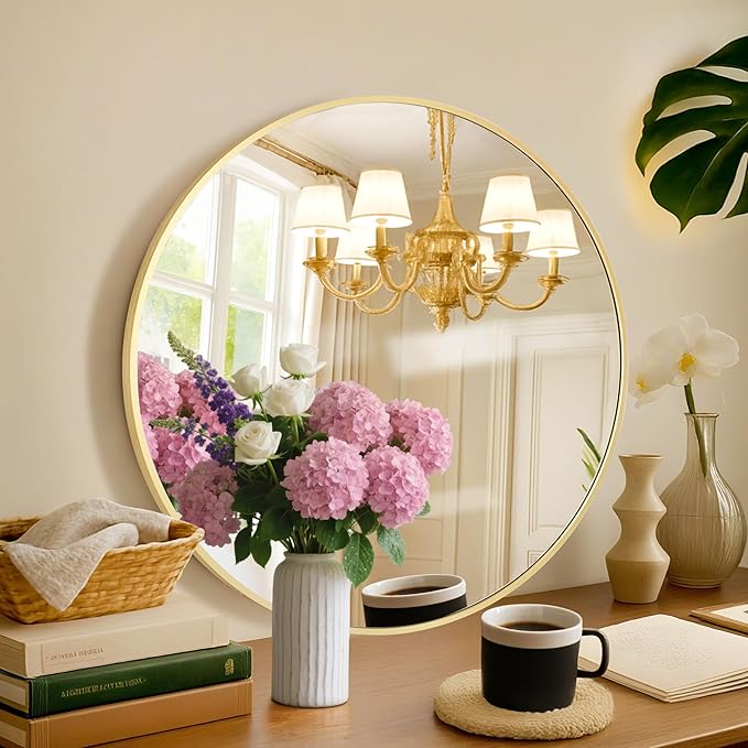 Circular Mirror Gold Round Mirror 18 Inch Round Bathroom Mirror Wall Mirrors Brushed Metal Frame Anti-Rust Tempered Glass for Bathroom Bedroom Entryway Living Room