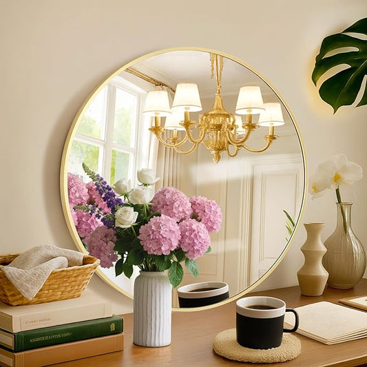 Circular Mirror Gold Round Mirror 18 Inch Round Bathroom Mirror Wall Mirrors Brushed Metal Frame Anti-Rust Tempered Glass for Bathroom Bedroom Entryway Living Room
