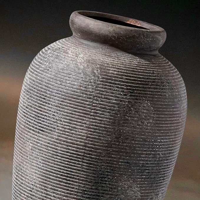 Large Rustic Terracotta Vase, 11 inch Tall Ceramic Flower Vase, Clay Farmhouse Decorative Vases for Flowers, Living Room, Shelf, Entryway, Home Decor, Grey