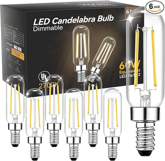 TJOY E12 Candelabra LED Bulbs, Dimmable 5.5W Equivalent 60W 2700K Soft Warm White, Small Base T8 Light Bulb, Vintage Edison Bulb Decorative for Chandelier Ceiling Fan Wall Sconces, 600lm, 6pack