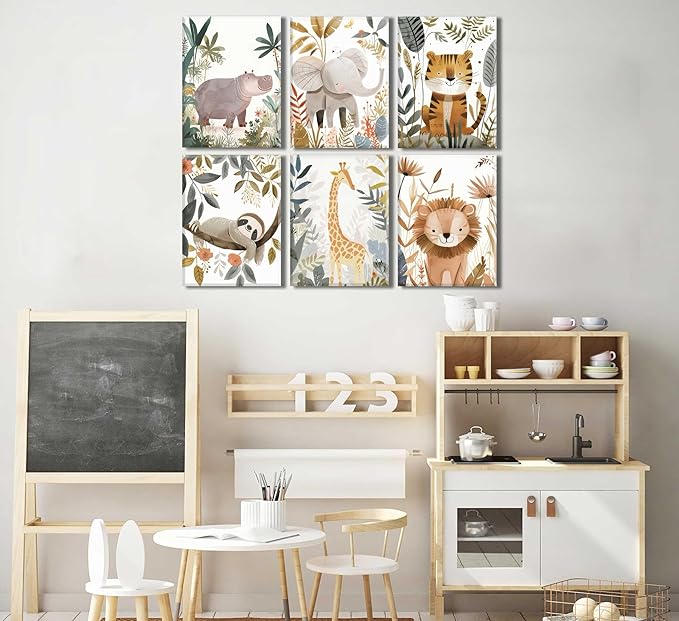 6Pcs Boho Baby Animals Wall Art Jungle Safari Canvas Paintings Cute Giraffe Elephant Lion Wall Decor Prints Inspirational Forest Animals Posters Pictures for Nursery kids Boys Bedroom Framed