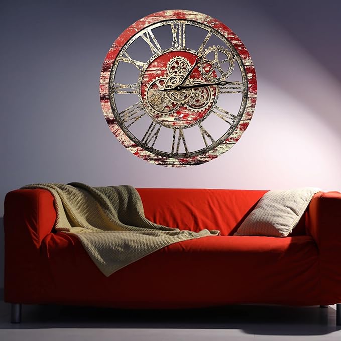 ImprovingLife The Gears Clock The Original Real Moving Gear Wall Clock Vintage Industrial Oversized Rustic Farmhouse (24 inch (60cm),Red Lava)