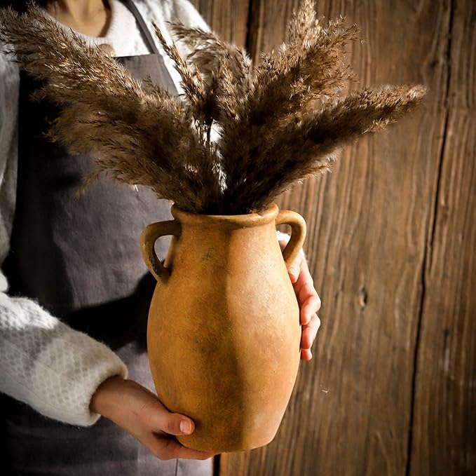 Ceramic Rustic Vase, Christmas Flower Vase with Handle, 9 inch Farmhouse Pottery Flower Vase for Home Decor, Living Room Shelf Decor, Enterway, Table