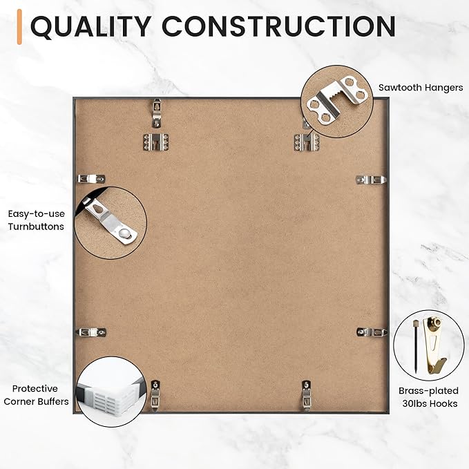 20x20 inch Metal Picture Frame - Thin Aluminum Square Photo Frames with 16x16 Removable Mat - High Definition Plexiglass - Vertical and Horizontal Display - Wall Hook Hanging Hardware Included - Black, Set of 1