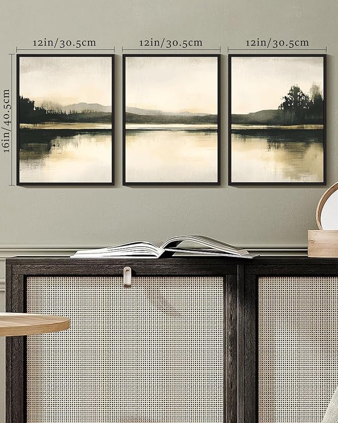 KUVIOKE Watercolor Abstract Mountain Lake Framed Wall Art Brown Landscape Nature Wilderness Painting Nordic Neutral Tan Illustration Decorative Home Decor 12x16in (Black Framed)