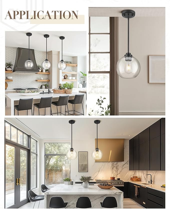 8 inch Matte Black Pendant Light, Mid Century Globe Haning Light Fixture Ceiling with Clear Glass for Kitchen Island Dining Room Bedroom Hallway Foyer (1 Pack), PL101BK-L