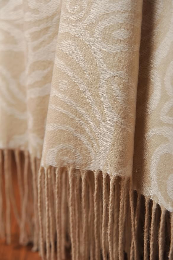 CUDDLE DREAMS Premium Cashmere Throw Blanket with Fringe, Luxuriously Soft (Paisley Beige)