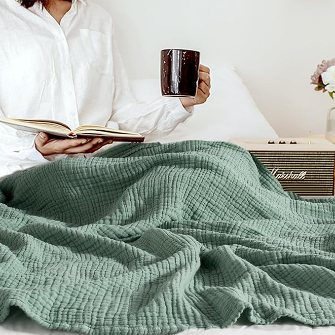 Carriediosa 100% Cotton Muslin Throw Blanket 108" X 90" King Size，4-Layers Summer Gauze Throws for Bed Couch，Soft Lightweight Breathable Linen Blankets Bedspread for Adults All Season，Sage Green