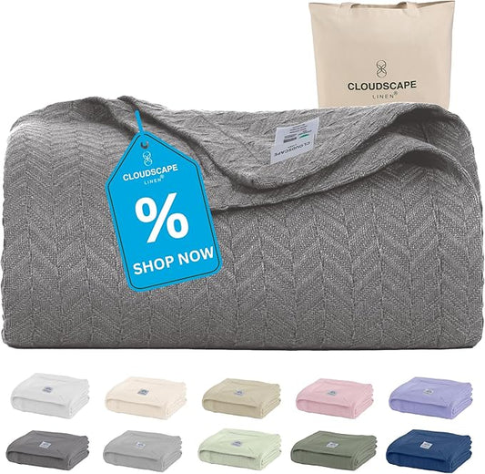 Cloud Scape Linen Herringbone Cotton Throw Blanket for Couch, Bed,Sofa, Home Decor, Soft, Lightweight, All-Season Bed Blanket, 50 x 70, Dark Grey