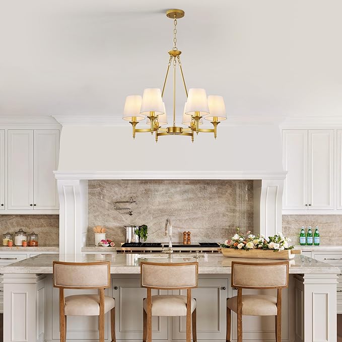 Gold Chandelier with White Shades, 6-Light Modern Farmhouse Chandeliers for Dining Room, Rustic Round Hanging Light Fixture for Kitchen Island Bedroom Office Living Room Entryway