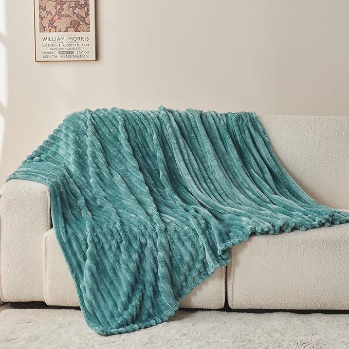 NEWCOSPLAY Super Soft Throw Blanket Light Teal Premium Silky Flannel Fleece 3D Ribbed Jacquard Lightweight Bed Blanket All Season Use (Light Teal Ribbed, Throw(50"x60"))