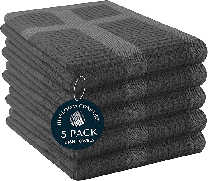 Gray Waffle Kitchen Towels with Hanging Loop, 5 Pack, 100% Cotton, 16"x26", Super Absorbent, Fast Drying Dishcloth Set, Soft for Cleaning Dishes, Hand Towel, Durable, Grey