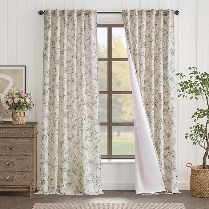 Lazzzy Farmhouse Lined Linen Green Floral Curtains 96 Inch Long Back Tab Drapes for Living Room Bedroom Light Filtering Country Vintage Rod Pocket, 2 Panels, Green on Beige