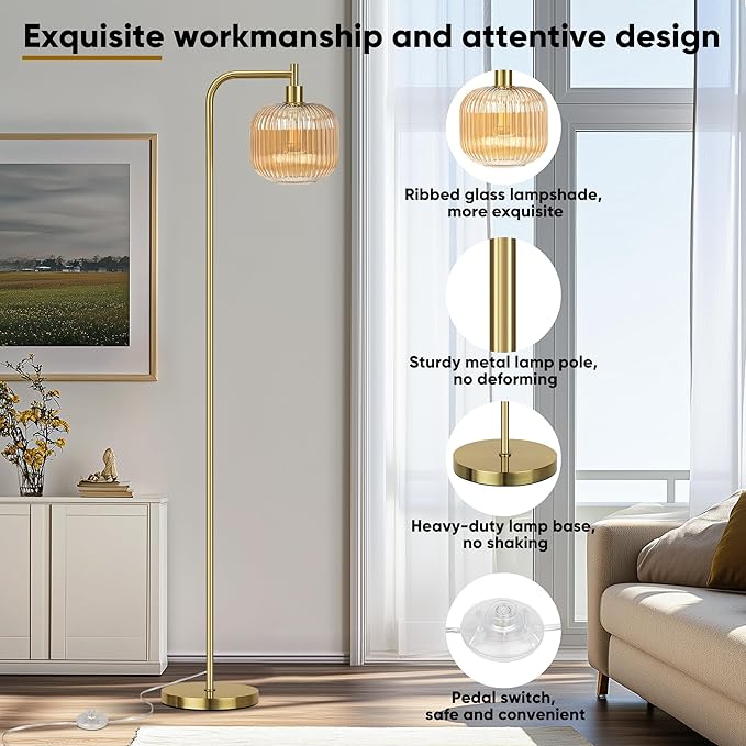 QiMH Glass Floor Lamp for Living Room, Modern Standing Lamp with Ribbed Champagne Glass Lampshade Pedal Switch, 67” Tall Lamp for Bedroom Study Room, Brushed Gold (2700K LED Bulb Included)