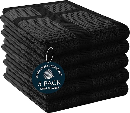 5 Pack Black Waffle Weave Kitchen Towels, 16x26 Inch, 100% Cotton, Absorbent Dishcloth Set, Quick Drying, Durable for Cleaning, Wiping, Drying Dishes, Machine Washable Dish Towel
