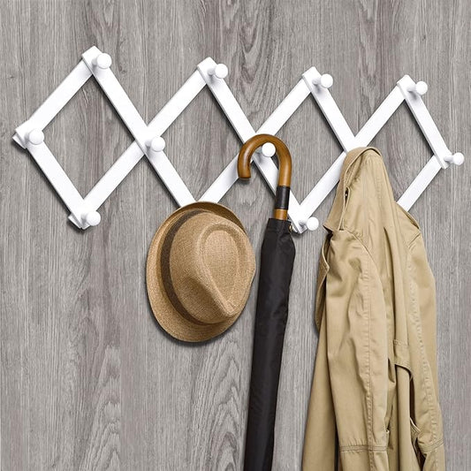 Amber Home Wood Accordion Wall Rack 13 Hooks (Pegs), Expandable Wall Mounted Hanger for Coat, Hat, Scarf, Coffee Mugs, X Shape Coat Hooks (White Color)