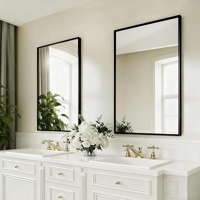 Black Bathroom Mirror 24x36 Inch Rectangular Wall Mirrors Modern Farmhouse Mirror Mounted Rectangle Hanging Mirror Frosted Metal Frame for Bathroom Bedroom Entryway Living/Dressing Room
