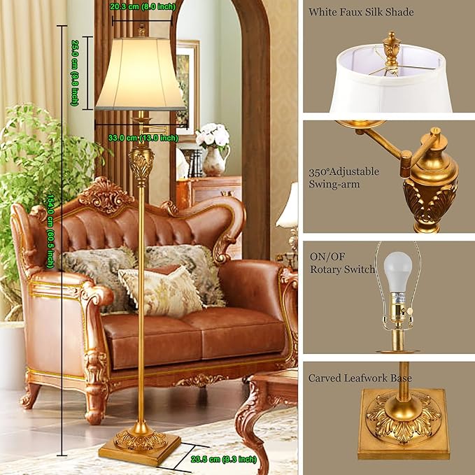 Traditional LED Floor Lamp with 350° Adjustable – Vintage Pole lamp Swing arm for Living Room, Bedroom and Office – Rustic Upright Floor Light for Home Décor with Faux Silk Fabric Shade