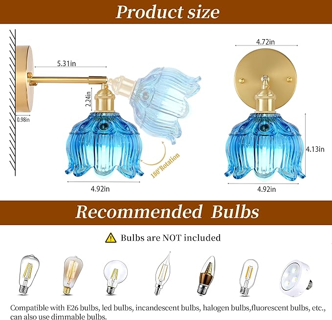 Vintage Battery Operated Wall Sconce with Flower lampshade,Rechargeable Battery Powered Wall Lights,Wall lamp with 15 Colors for Bedroom Living Room Home Decor (Flower Blue, 1 Light Battery Operated)