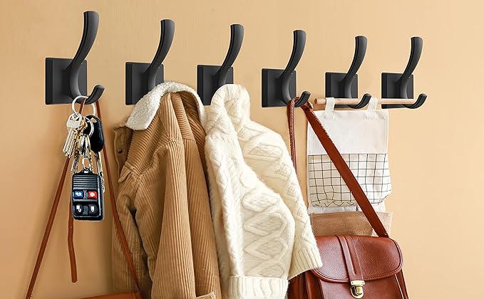 Black Towel Hooks Coat Hooks for Wall, Hand Towel Holder Robe Hook for Bathroom, Entryway Hat Hooks for Hanging Coat Towels Keys Hats (6 Pack)
