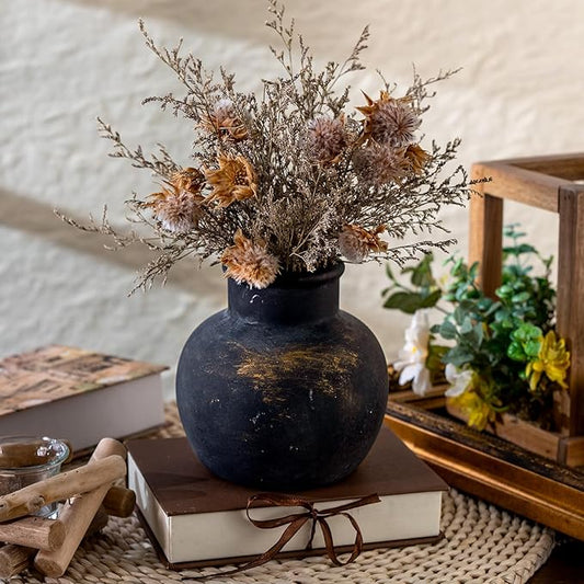 Ceramic Rustic Farmhouse Vase | 6 Inch Pottery Decorative Flower for Home Decor | Boho Vase | Terracotta for Table, Living Room, Bathroom Decoration, Shelf Decor, Mantel, Bronze
