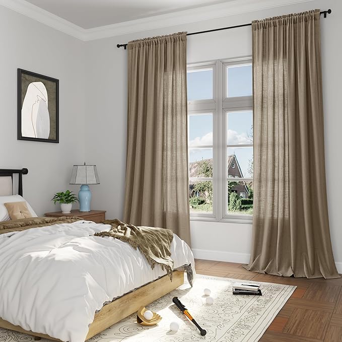 Guken Burlap Linen Curtains 108 Inches Long 2 Panel Set Rod Pocket Semi Sheer Dining Room Cozy Bedroom Decor Cotton Look Country Rustic Farmhouse Boho Curtains 52x108