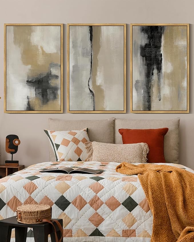 KUVIOKE Black Abstract Framed Wall Art Neutral Graffiti Pastel Minimalist Wall Decor Modern Art Painting for Bedroom Living Room 16x24in (Natural Framed)