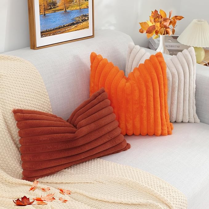 decorUhome Faux Fur Fall Throw Pillow Covers 20x20 Set of 2, Decorative Soft Plush Striped Neutral Couch Euro Pillow Covers with Velvet Back for Sofa, Bed, Living Room Home Decor, Orange