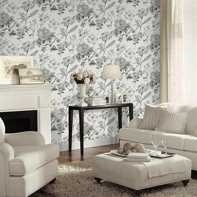 Vinjiasin Wallpaper Peel and Stick Black and White Ink Floral Contact Paper Vintage Flower Leaf Wall Paper for Bathroom Bedroom Self Adhesive Removable 16.1"x 118"