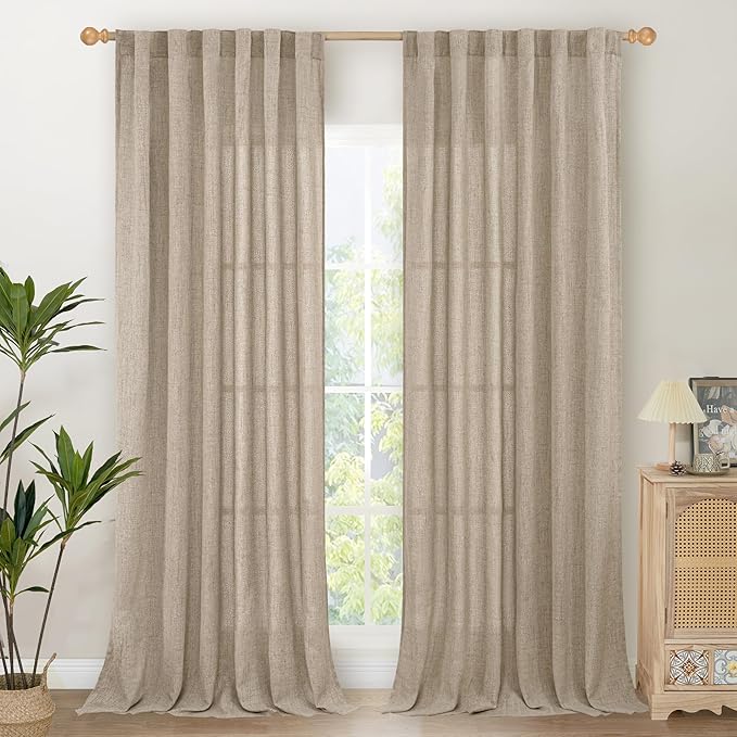 YoungsTex Linen Semi Sheer Curtains 95 Inches Long 2 Panels for Living Room, Textured Floor Length Drapes Light Filtering with Rod Pocket Back Tab for Bedroom, Dark Oatmeal,52 X 95 Inch