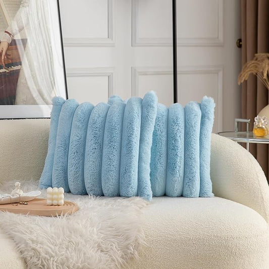 Neelvin Blue Faux Fur Cozy Soft Striped Decorative Throw Pillow Covers 18x18 inch Set of 2,Velvet Pillowcase Cushion Case for Sofa Couch