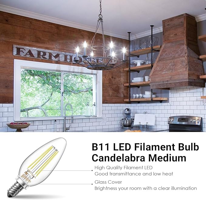 VOLIVO Dimmable E12 LED Candelabra Bulbs 60Watt Equivalent, 5000K Warm White, 500Lumens, 4.5W B11 Vintage Chandelier Light Bulbs, LED Filament Clear Glass Candle Lamp for Ceiling Fan Home Decor, 6Pack