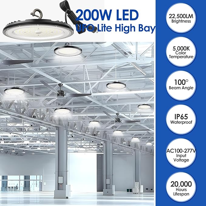 LED High Bay Light ECO 200W x1, 13' UFO Ceiling Lighting Fixture w/Plug for Garage Shop Warehouse Workshop, 5000k 22500lm Non-Dimmable IP65 (Count of 1 Black)