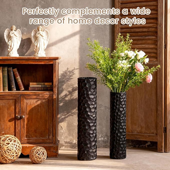 Tall Matte Black Floor Vase Set of 2, 27.6" & 21.7" H Extra Large Cylindrical Metal Standing Vase, Modern Big Floor Vases with Hammered Texture & Weighted Base for Living Room Bedroom Corner Decor