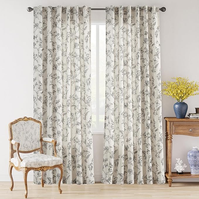 Lazzzy Linen Black Floral Curtains 90 Inch Length Farmhouse Curtain Back Tab Drapes for Living Room Bedroom Light Filtering Vintage Rod Pocket Curtains, 2 Panels, Black on Beige