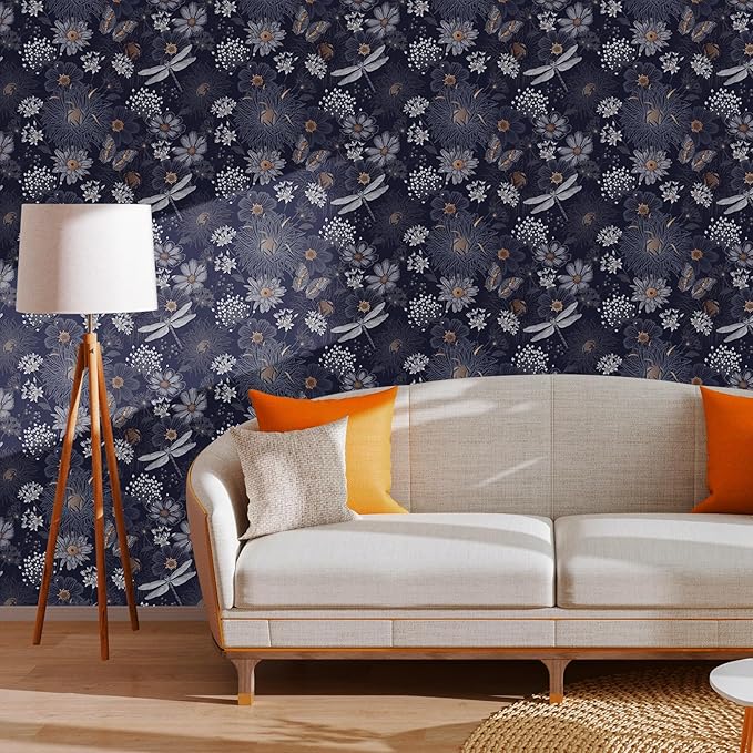 Navy Blue/Gold Floral Peel and Stick Wallpaper With Wildflowers, Butterflies and Dragonflies - Self Adhesive Vintage Contact Paper, Removable Decorative Vinyl, Easy Peel Off - 17.71" X 118.1"