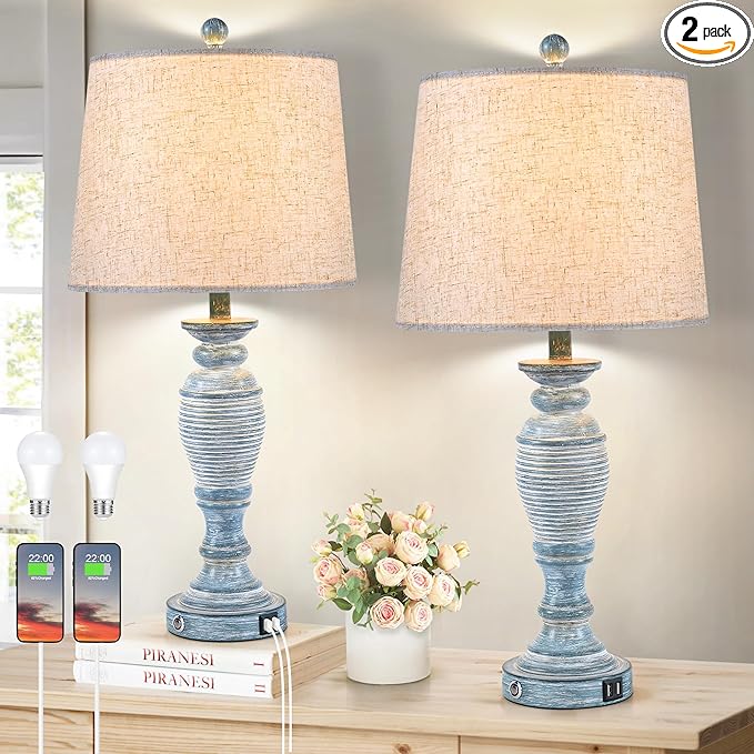 27.7" Table Lamps for Living Room Set of 2, 3 Way Dimmable Touch Lamps for Bedrooms with Dual USB Ports, Farmhouse Lamps for Nightstand,2 Bulbs Included