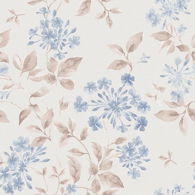 WESTICK Blue Leaf Wallpaper Vintage Peel and Stick Floral Contact Paper for Walls Neutral Floral Wallpaper Self Adhesive Removable Beige Leaf Wall Paper for Bedroom Living Room Cabinets 17.5"x100"