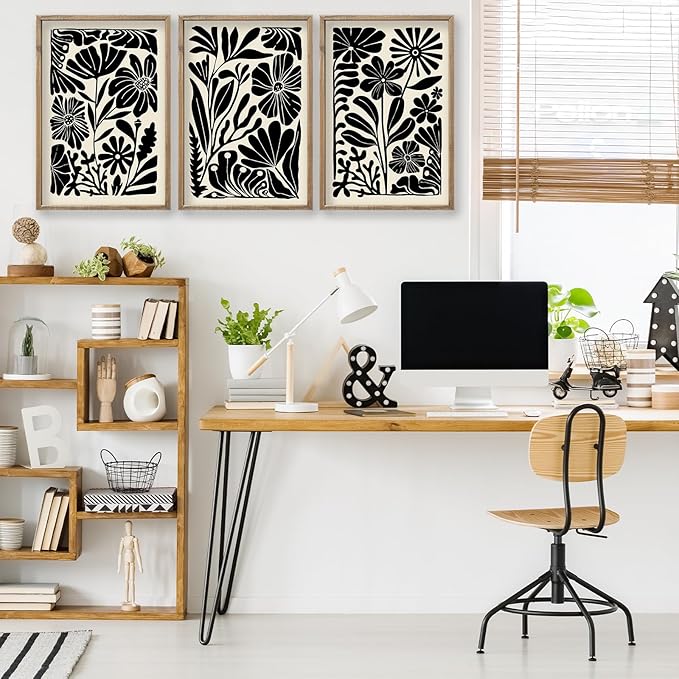 flowtorely Abstract Floral Botanical Wall Art 16x11 Inch 3 Piece Black Vintage Boho Plant Flower Minimalist Wood Frame Sign Home Living Room Family Office Mid Century Print Wall Hanging Decor (Wood)